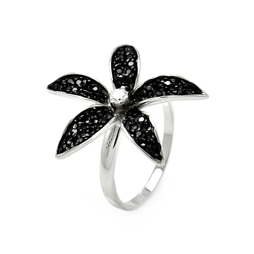 Closeout-Silver 925 Black and Silver Rhodium Plated Small Round CZ Flower Ring - STR00904