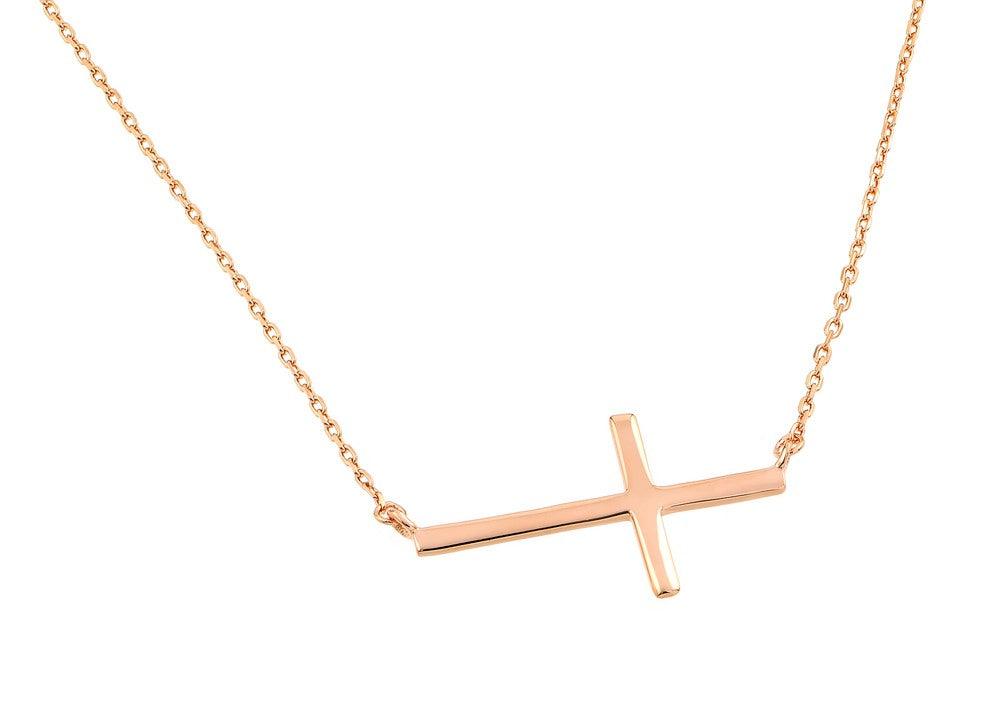 Silver 925 Rose Gold Plated Plain Sideways Solid Cross Pendant Necklace - BGP00821RGP